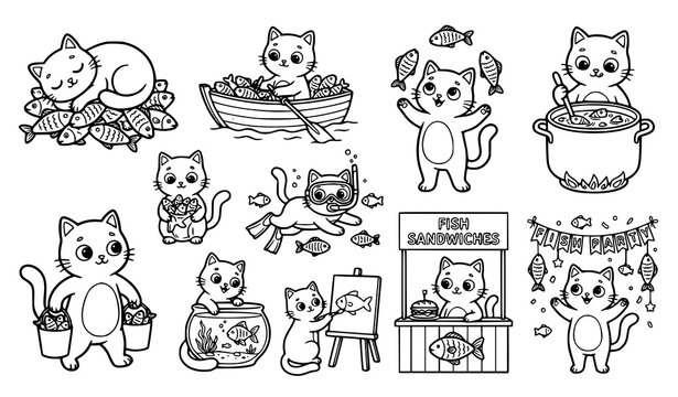 Cartoon cat with fish outline coloring book vector set for kids activity pages