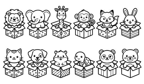 Cute wild animals and pets in boxes coloring book vector set with cartoon outline characters
