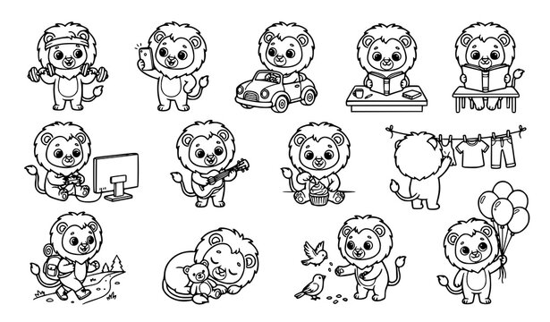 Children coloring book fluffy baby lion vector outlines with funny daily life characters