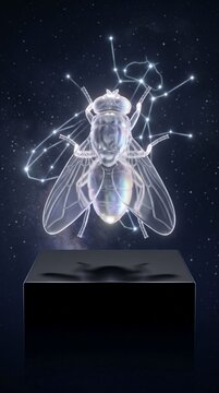 Celestial Clear Iridescent Crystal  Musca Fly Of Musca Constellation Levitating Above Obsidian Pedestal
