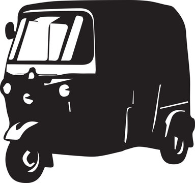 Black and white auto rickshaw vector illustration, traditional three-wheeled tuk tuk taxi silhouette, vintage asian transport vehicle icon