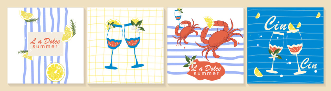 Mediterranean summer illustration set of four cards with lemons, wine glasses, and crabs. Horizontal panoramic format. Retro flat style for social media, menus, and posters.