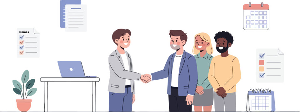 HR Team Onboarding New Employee Handshake Office Flat Illustration Recruitment Business