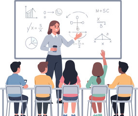 Obraz premium Female Teacher Explaining Math at Whiteboard to Students in Classroom Flat Illustration
