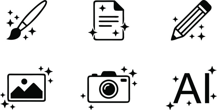 Minimalist hand drawn icon set for artificial intelligence creative tools photography and digital content creation with magic enhancement sparkles