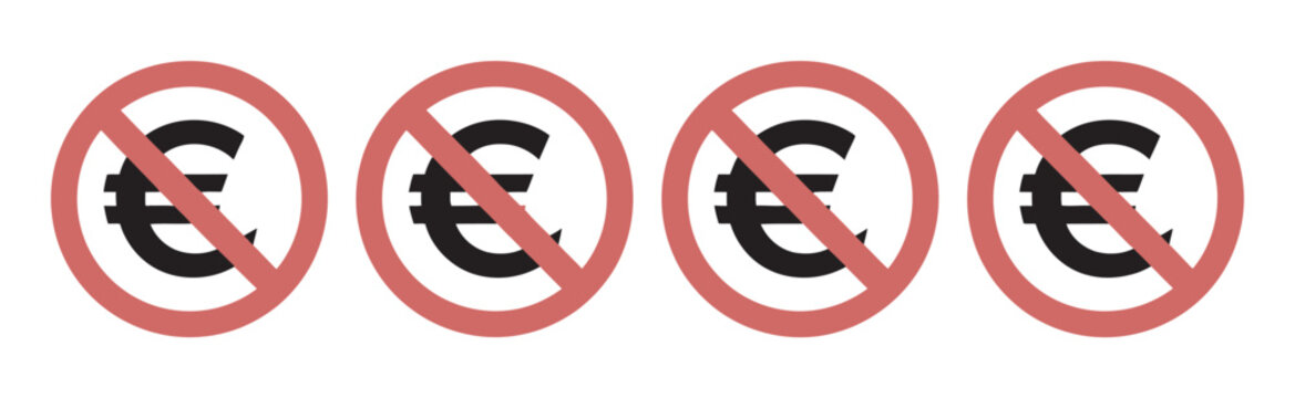 Euro ban icon set, no money restriction symbol, currency prohibition sign, financial limitation and economic control vector illustration for banking and app design on transparent background.