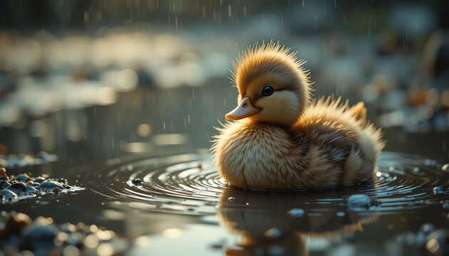 Adorable fluffy duck in rain puddle, soft reflections, cinematic light