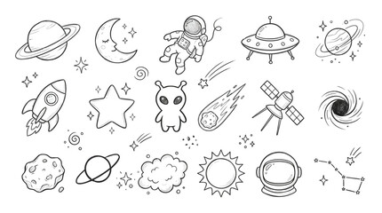 Hand-drawn doodle set of space and astronomy elements including planets, stars, rockets, astronauts, aliens, and celestial objects. © Vena