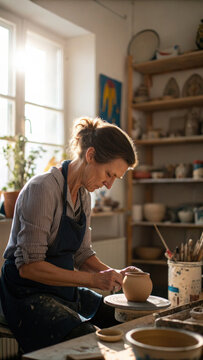 Woman pottery ceramic clay studio artisan workshop adult woman shaping clay bowl pottery wheel sunlit art studio, focused creative hobby
