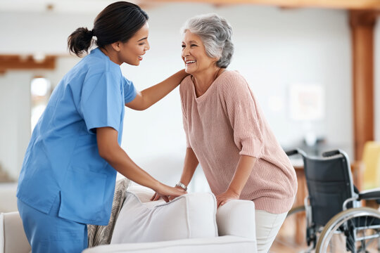 a nurse is standing next to an elderly woman in her wheelchair, smiling at each other and looking out the window of their modern home