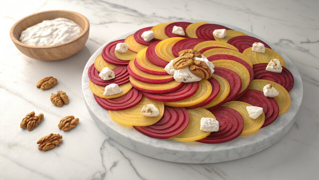 Beet slice beetroot golden beet salad appetizer marble board goat cheese walnut colorful beet slice pattern marble board with goat cheese