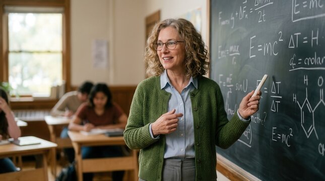 A smiling female physics teacher explains complex formulas on a blackboard to students in a traditional classroom.