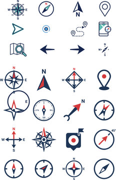 vector icon set, clean svg compass design, minimal map ico
