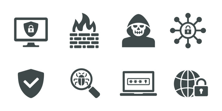 Cyber security icons set, shield lock firewall bug and password protection symbols, data security and network protection concepts, minimal black vector illustration on transparent background