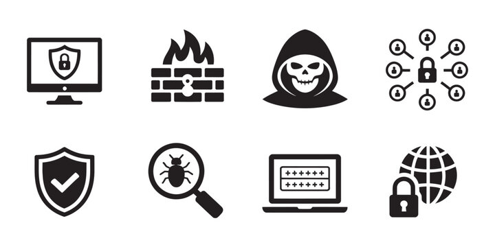 Cyber security icons set, shield lock firewall bug and password protection symbols, data security and network protection concepts, minimal black vector illustration on transparent background
