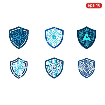 Cyber Security Shield Icons with Digital Circuitry Patterns.