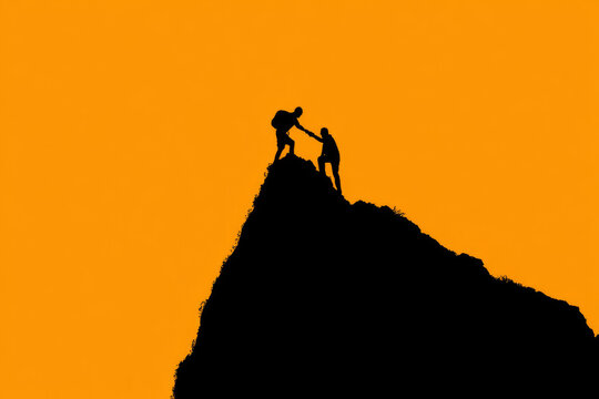 a silhouette of one person helping another to reach the top, showing support and unity in climbing together.