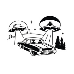 Retro-futuristic black and white illustration depicting a classic car on a landscape with two UFOs, one piloted by an alien, stars, and pine trees, creating a mysterious sci-fi scene. © Saikat