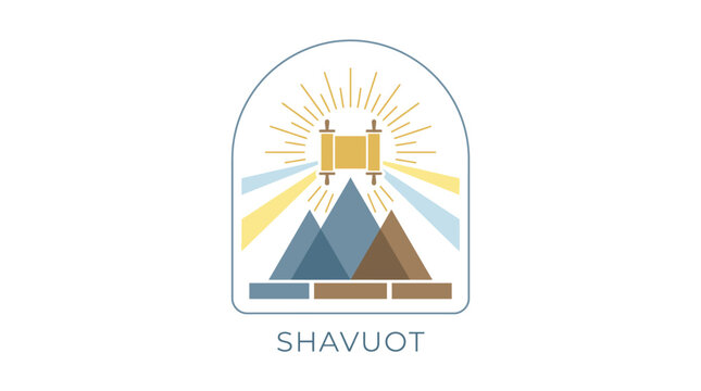 Symbolic vector illustration of a sacred spiritual festival, featuring a radiant Torah scroll above stylized mountains, commemorating divine revelation and ancient traditions