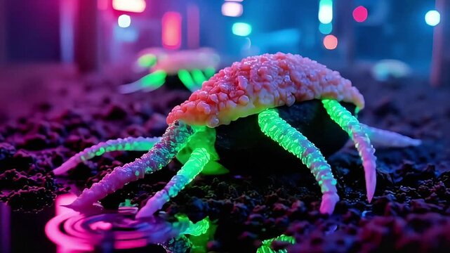 A bioluminescent alien crab-like creature crawling across dark volcanic terrain, glowing neon-green translucent legs pulsing beneath a textured pink organic shell