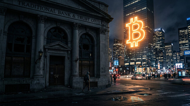 Bitcoin symbol glowing in front of a traditional bank building at night in a city