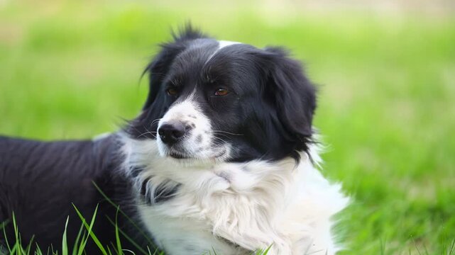 Close up video of a black and white border collie dog relaxing on green grass outdoors. Peaceful countryside scene with adorable domestic pet in natural spring environment.