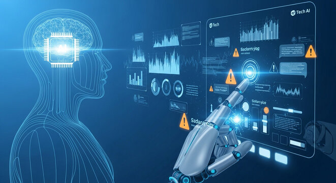 Artificial intelligence concept with human brain and robotic hand interacting with data streams