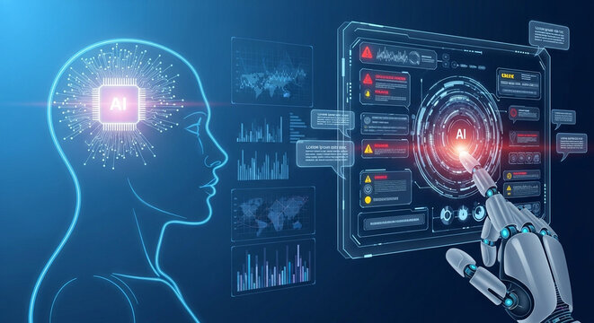 Artificial intelligence concept with human head profile and robotic hand interacting with data streams