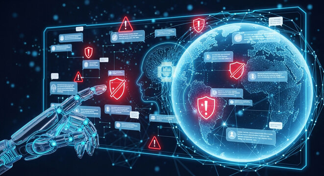 Artificial intelligence security concept with robotic hand interacting with global network and data protection
