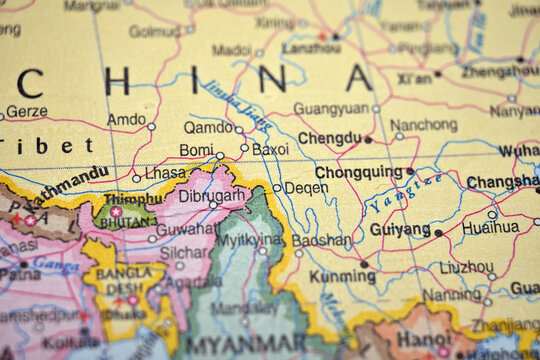 Bomi (Nyingchi, Tibet) on World Map &ndash; Selective Focus with Blurred Background Geography View