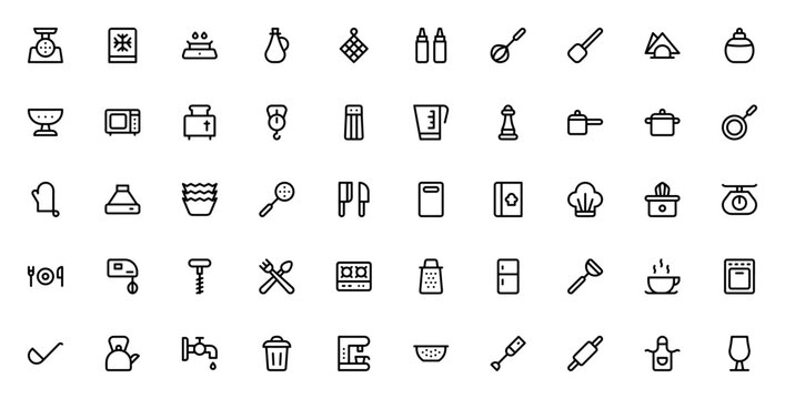 Kitchen icon pack. Minimal thin line vector set. Kitchen utensil icons. Featuring meat mincer, freezer, stove, microwave, oven, fridge, coffee maker, knife, cutting board, chef, and more. Editable str