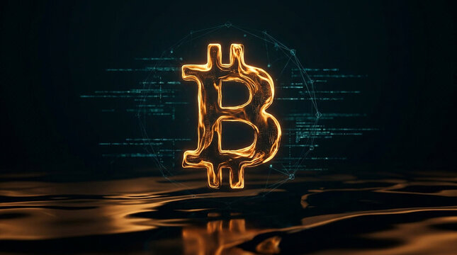 Glowing bitcoin symbol with digital code background and water reflection cryptocurrency concept