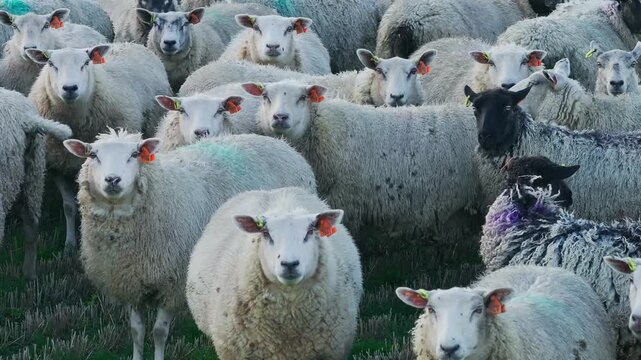 Drone glides left above curious sheep watching camera in peaceful green pasture