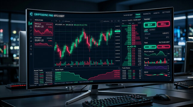 Cryptocurrency trading platform interface with bitcoin and ethereum charts on computer screen