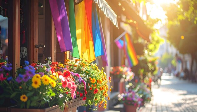 Banderas arco&iacute;ris colgadas en una calle decorada con flores durante una celebraci&oacute;n inclusiva al aire libre