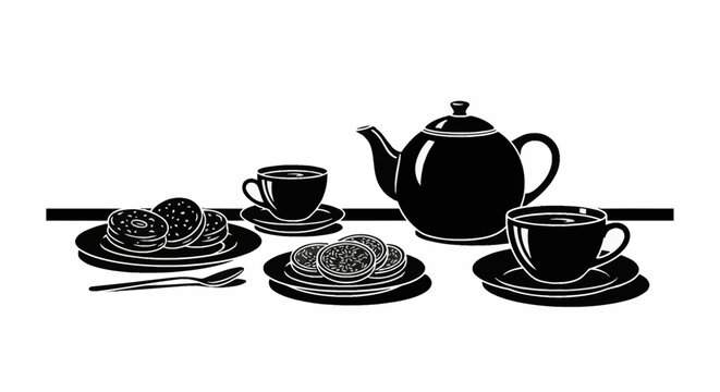 Black and white vector illustration of a tea set featuring a teapot, two teacups with saucers, two plates of assorted cookies and biscuits, and a spoon, on a plain white background.