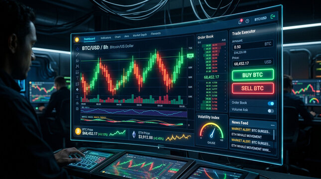 Financial market data analysis with bitcoin chart on large screen in dark trading floor