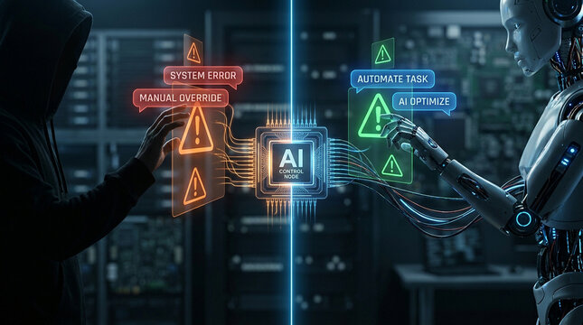 Hacker and robot interacting with digital warning signs and artificial intelligence interface