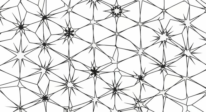 Abstract black and white geometric tessellation featuring sharp spiky star shapes and angular linear patterns. Minimalist monochrome background with intricate polygonal line art.