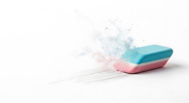 Pink and blue rubber eraser with motion blur effect, school stationery erasing pencil marks, creative concept of correction and deleting mistakes