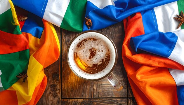 Vaso de cerveza rodeado de banderas de colores sobre mesa de madera en una composici&oacute;n festiva de celebraci&oacute;n y diversidad
