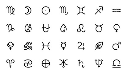 Zodiac icon set. Astrology vector icons pack. Minimal line icons featuring zodiac signs, planets, elements, and symbols. Includes Virgo, Scorpio, Gemini, Leo, Aries, Libra and more. Editable stroke. © wang