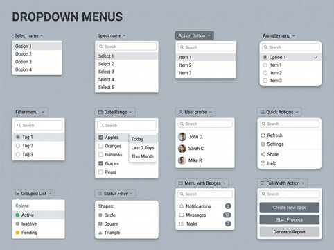 Dropdown menu design. User Interface Template. Set of dropdown menu ui components for web and apps