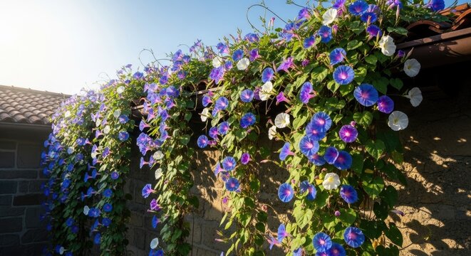 morning glories on brick wall