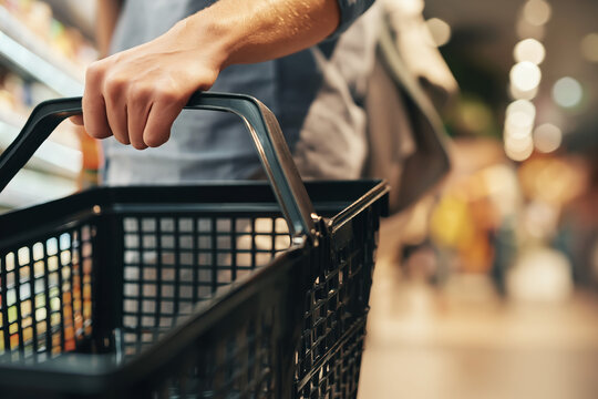 a woman holding a black plastic shopping basket with a handle in a grocery store