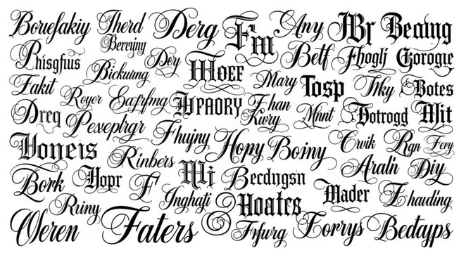 Collection of ornate gothic script lettering and calligraphy.
