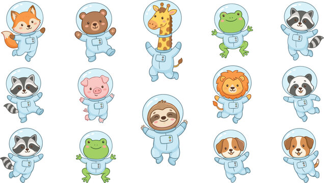 Cute baby animals wearing blue pajamas collection featuring fox, lion, dog, raccoon and frog cartoon characters