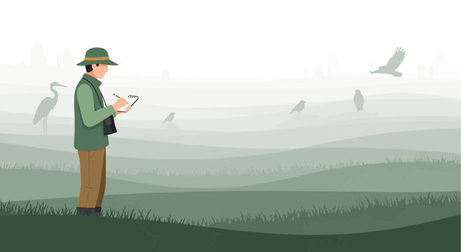 Ornithologist Observing Avian Life In A Misty Landscape