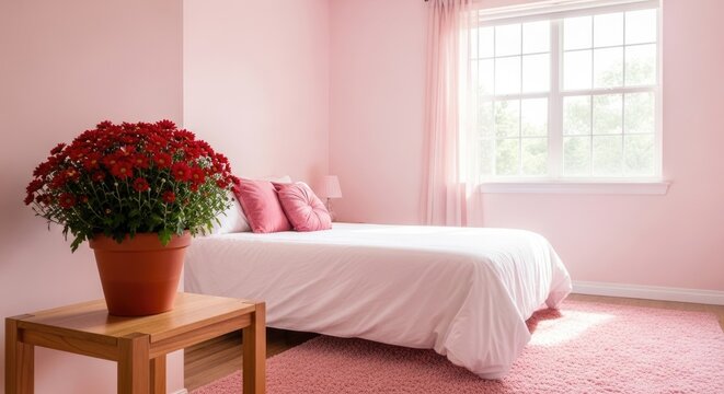 Pink bedroom with white bed and red flowers