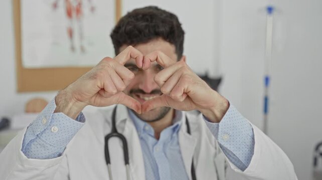 Man doctor forming heart with hands and stethoscope in building, smiling and making heart gesture at camera; compassion care.